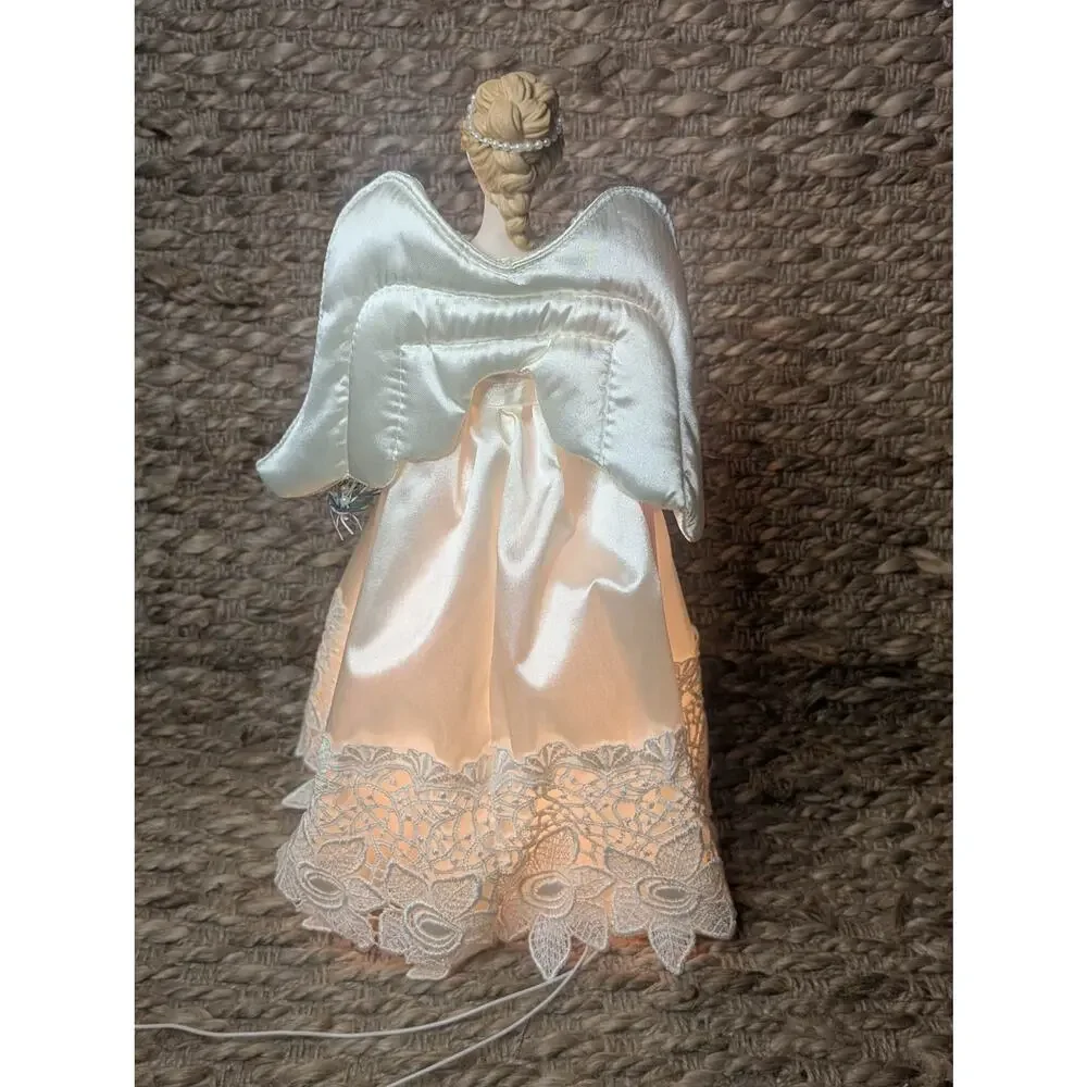 Vintage Traditions Lighted Angel Christmas Tree Topper Satin Gown Roses Beaded